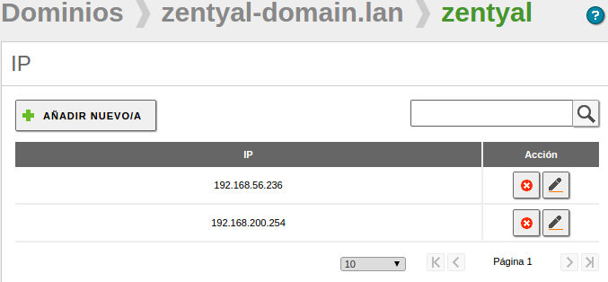 zentyal hostname dentro del dominio zentyal-domain.lan, apuntando a todas las IP internas