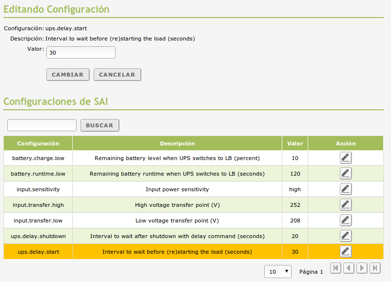 Parámetros de configuración disponibles para nuestro SAI