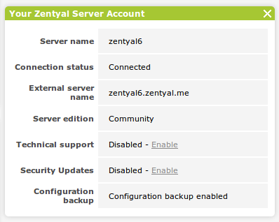 Your Zentyal server account Widget