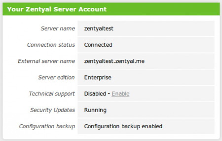 Your Zentyal server account Widget