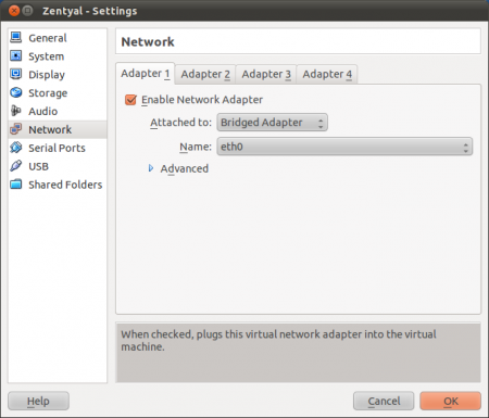 VirtualBox Settings Network 1